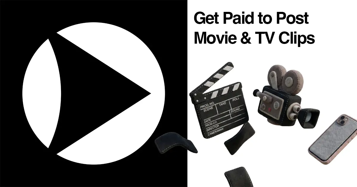text reading "Get Paid to Post Movie & TV Clips" with animated film objects like a camera, iphone, and clapper. Along with the clipmarket logo